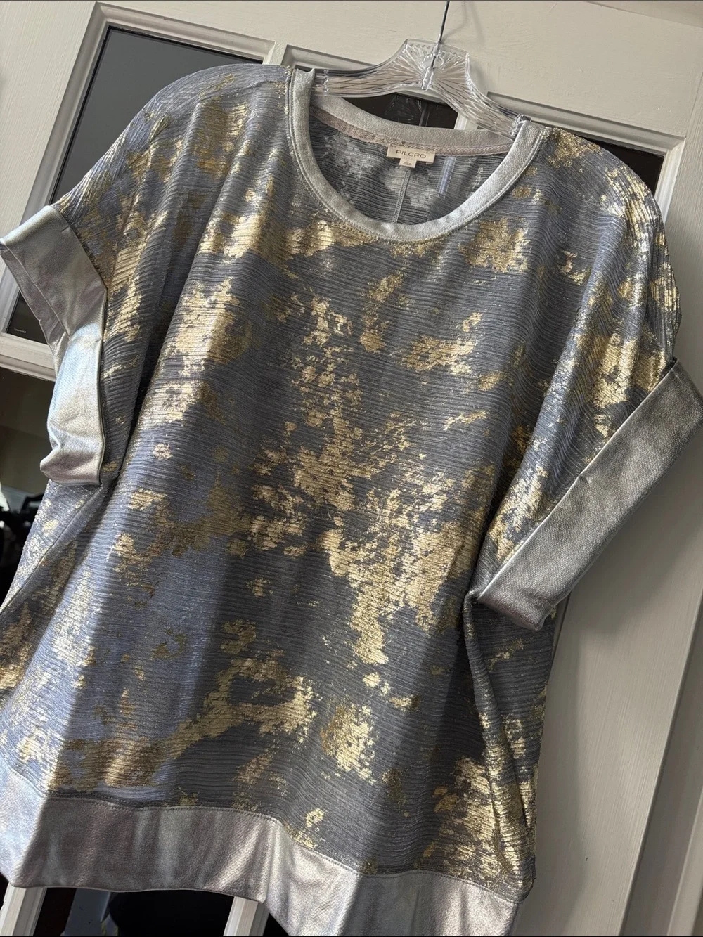 Pilcro Metallic Silver Top with Gold Foil Accents Anthropologie - Picture 2 of 2